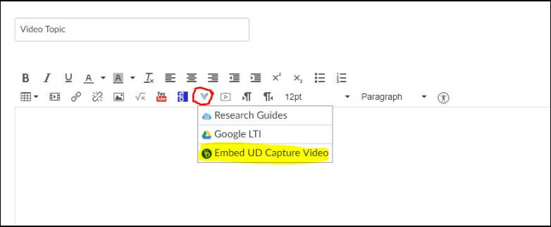 Image of the Canvas editing toolbar with the "Embed UD Capture" icon highlighted,.